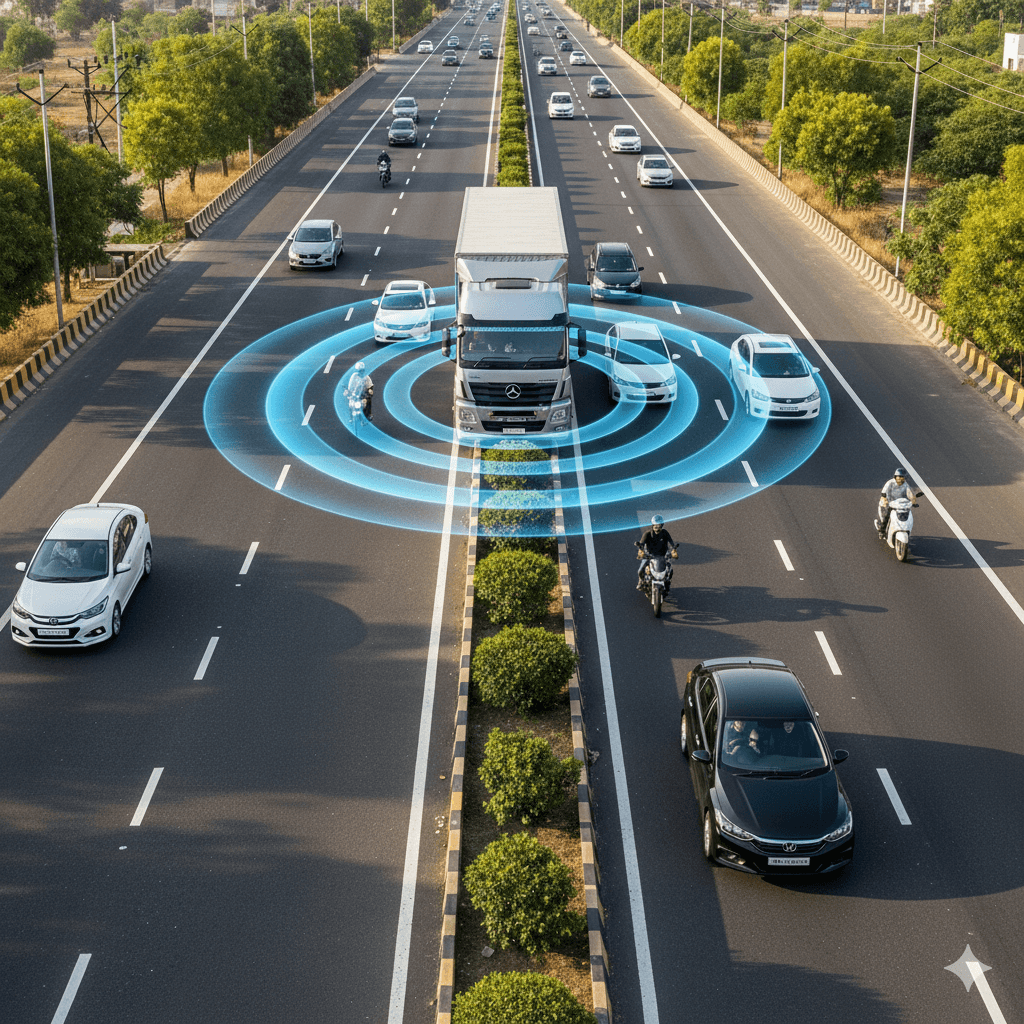 Vision360 AI - 360° truck awareness system showing detection zones around vehicle